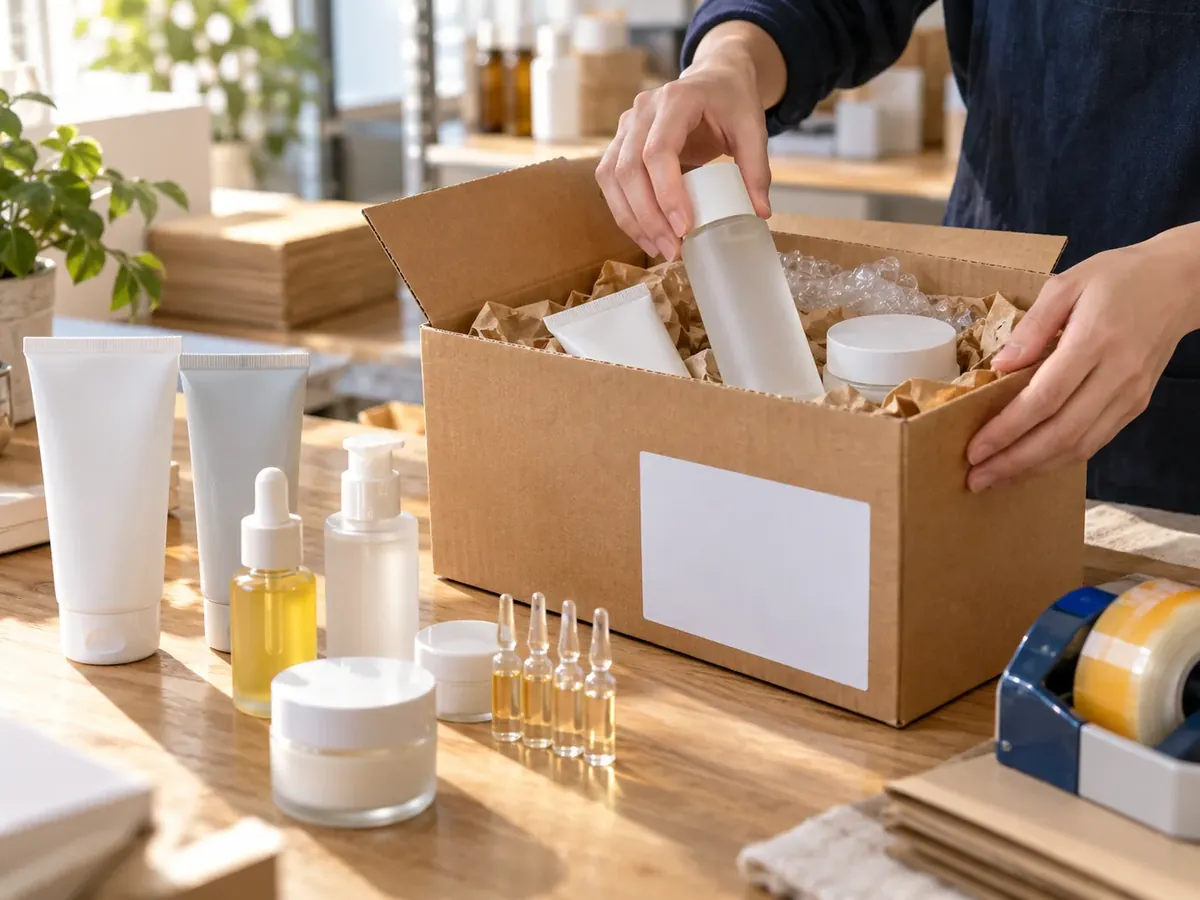 Cosmetics being packed in a box for shipment overseas
