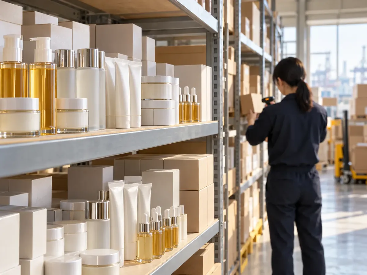 Warehouse shelves stacked with cosmetics