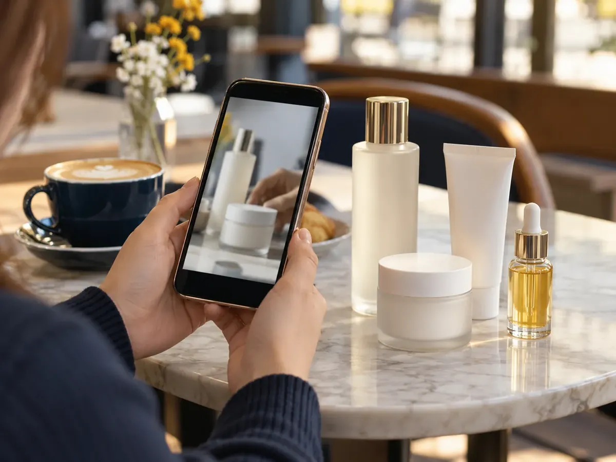 A person viewing cosmetics content on a smartphone